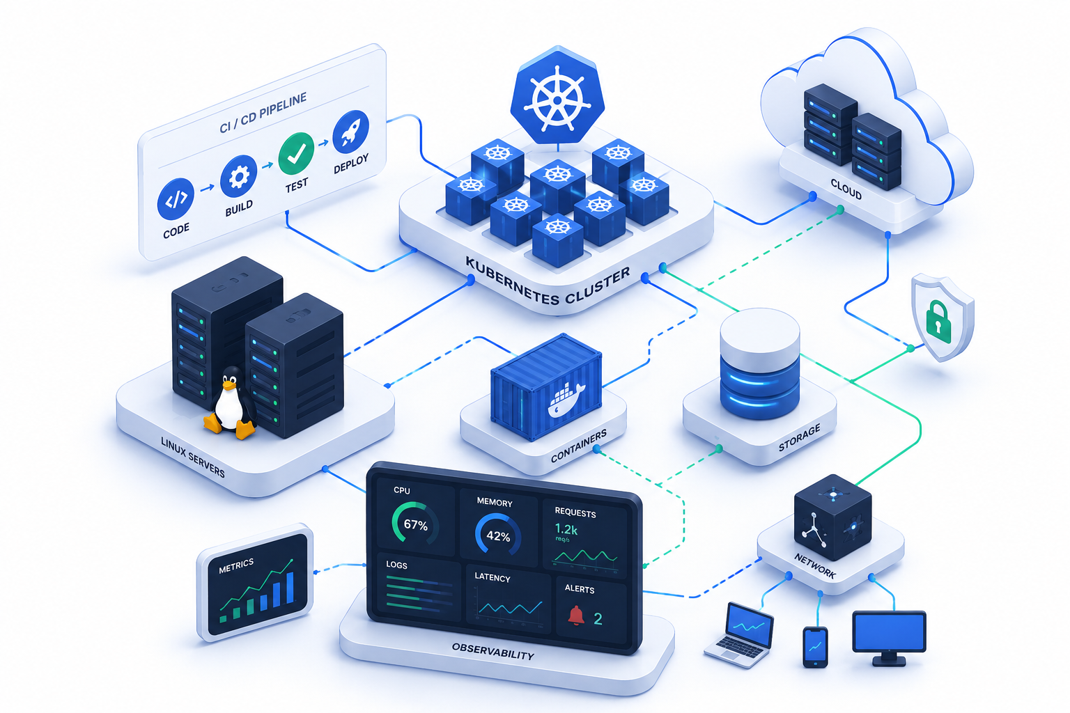 Arquitetura moderna de infraestrutura com Linux, Kubernetes, Cloud, CI/CD e observabilidade
